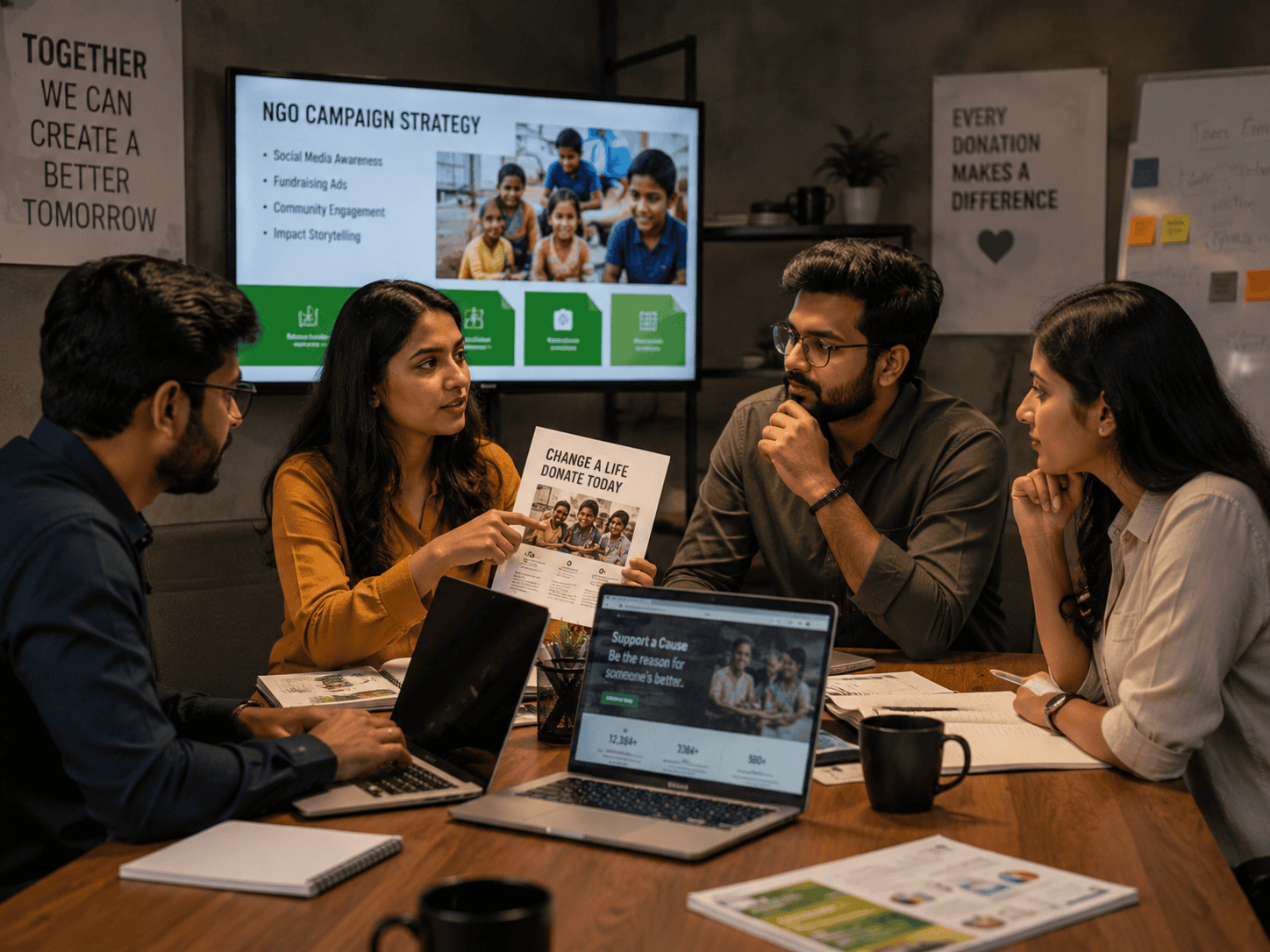 Group of diverse professionals discussing NGO campaign strategies in a meeting room.