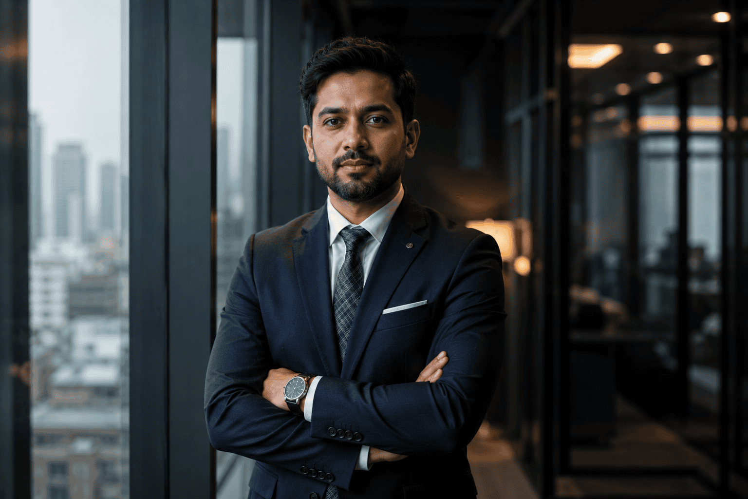 Business professional in a modern office with city view.