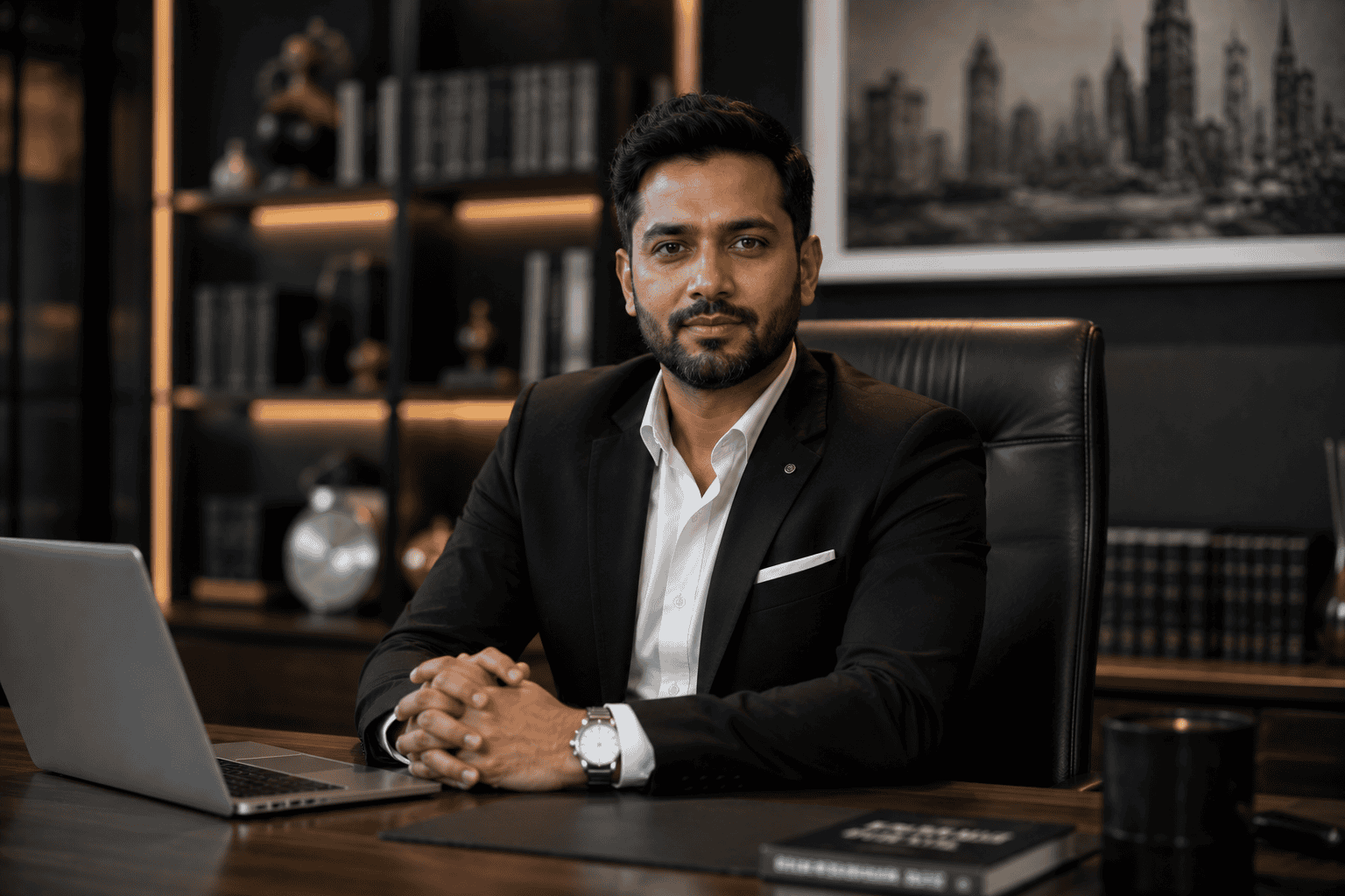 Professional businessman in a suit sitting at a desk in a stylish office environment.