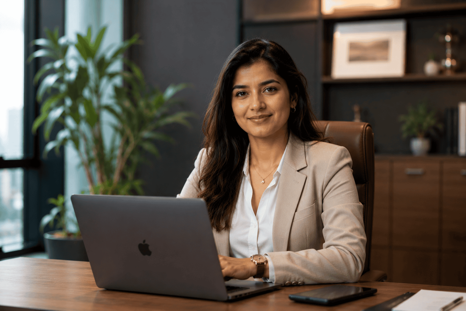 Businesswoman working on a laptop in a modern office environment.
