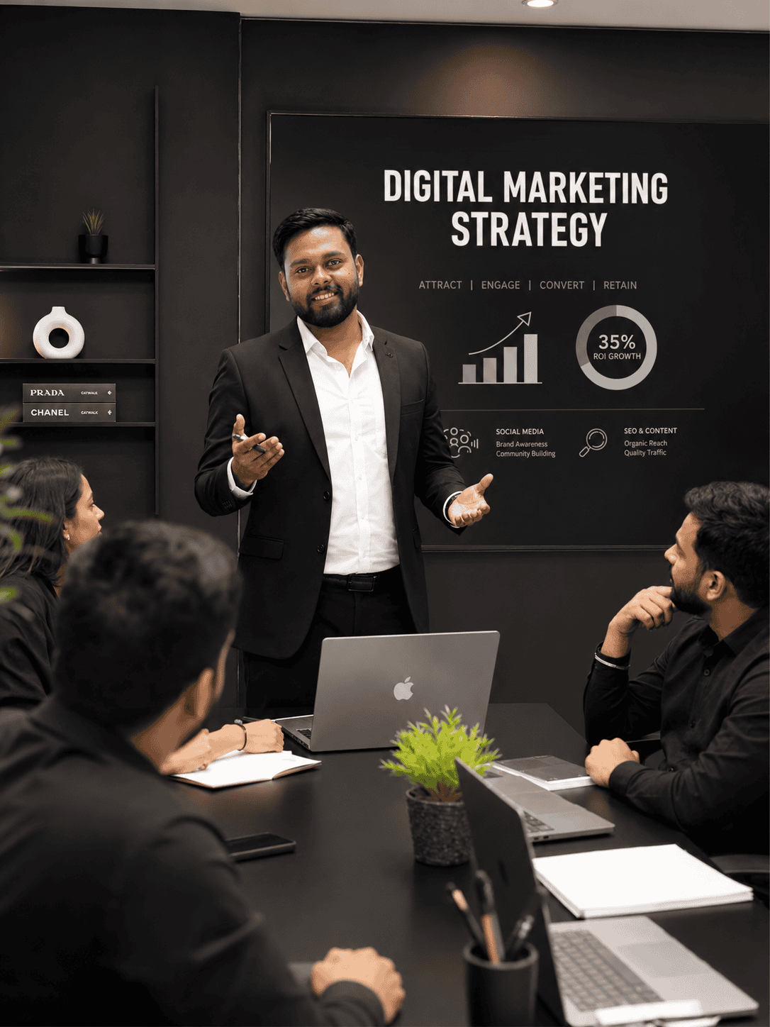 Business professional presenting digital marketing strategy to team.