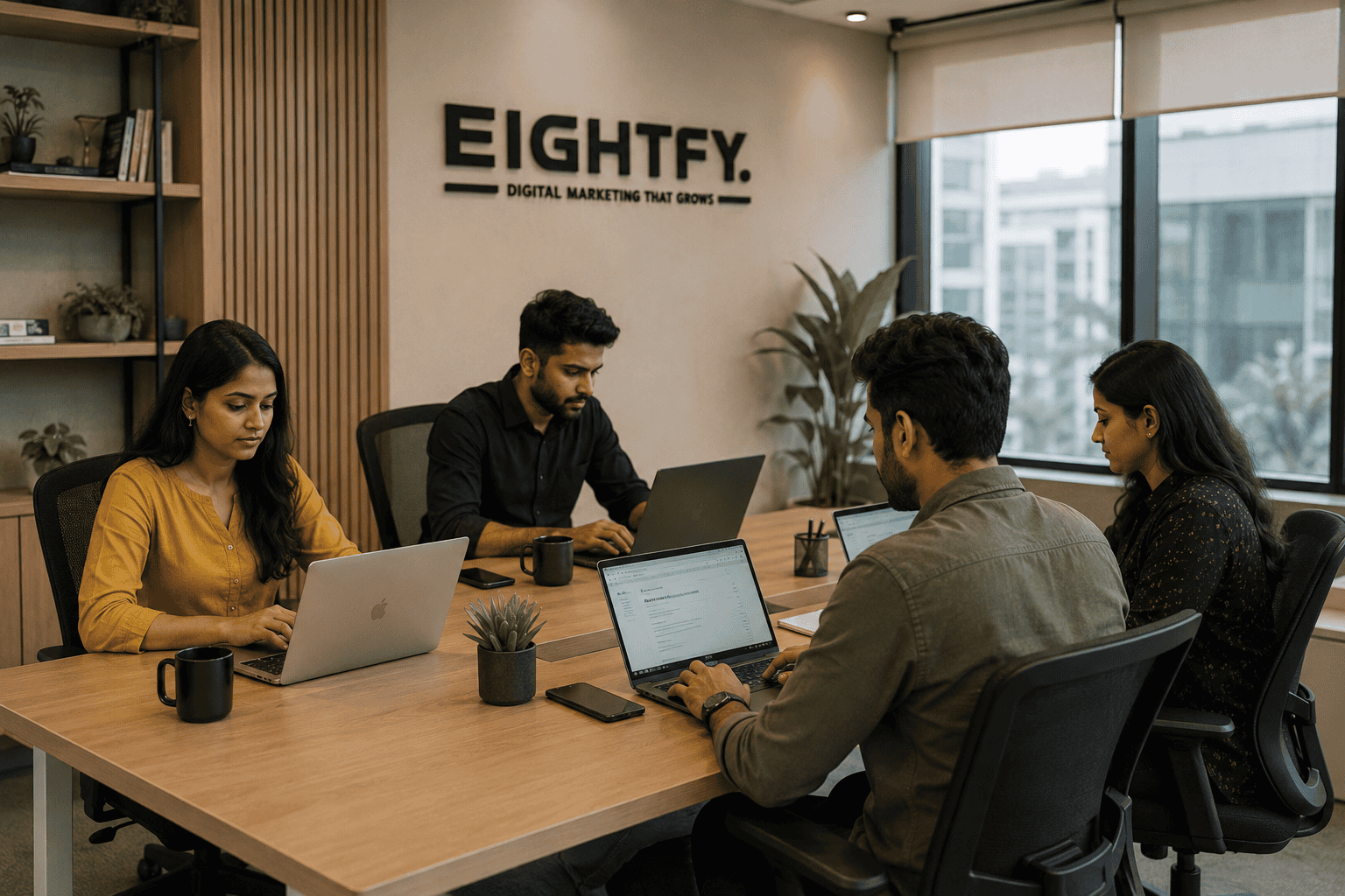 Team of four collaborating in a modern office for digital marketing strategies.