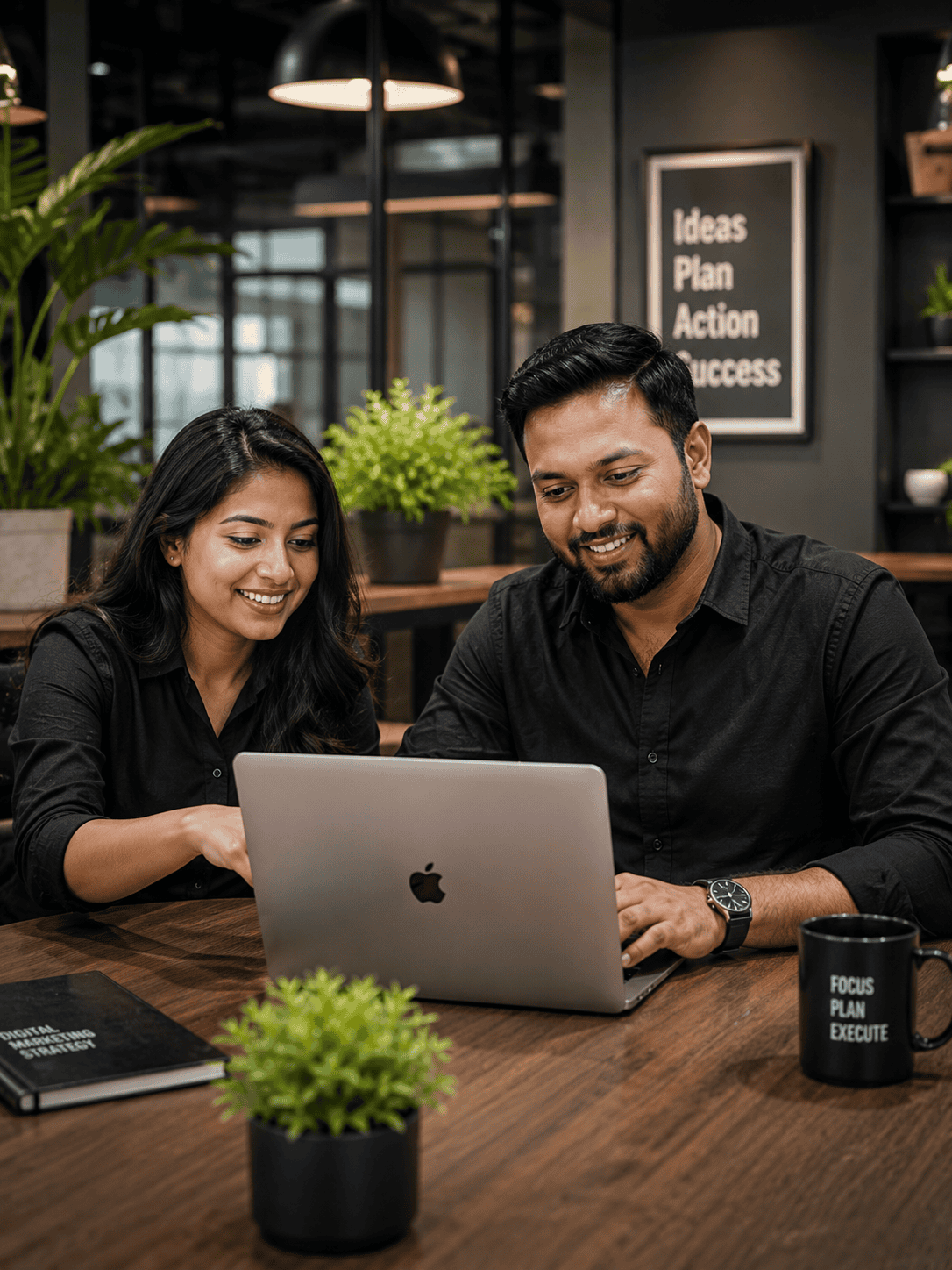 Innovative team working together on a laptop in a modern office environment.